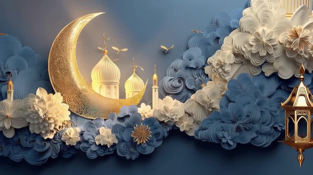 Ramadan background design showing a crescent moon and mosques with stylized clouds and flowers in a blue theme