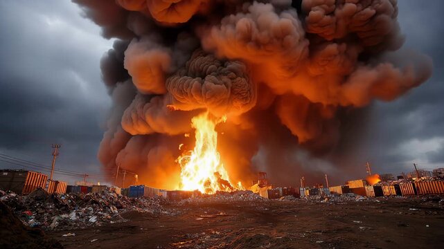 Smoke rises from burning trash at outdoor waste facility during daytime operations in urban area