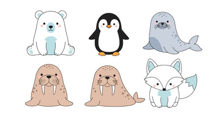 Cute cartoon arctic animals set penguin seal polar bear fox and walrus © Hadi