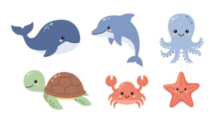 Cartoon sea creatures whale dolphin octopus turtle crab starfish set isolated © Hadi