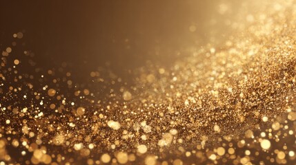 Golden particles twinkle and scatter gracefully across a soft surface, creating an enchanting atmosphere perfect for festive events or celebrations. The shimmering highlights evoke joy.