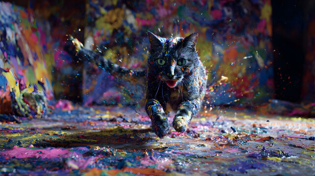 un gato negro saltando manchado de pintura dentro de un cuarto con pintura de colores brillantes cuarto oscuro felino o mascota travieso y divertido