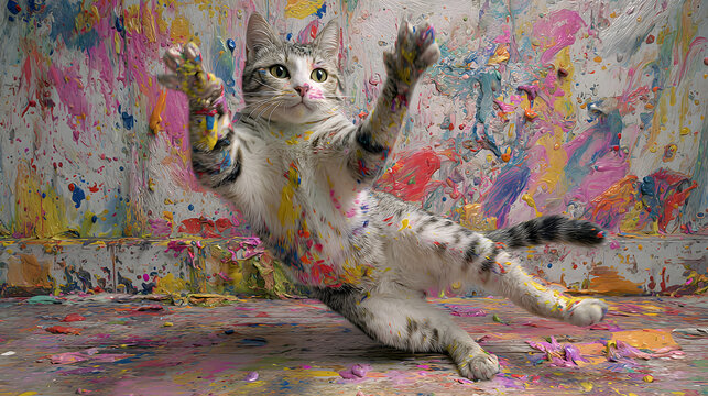 un gato saltando contento divertido manchado con pintura de colores felino travieso sobre un cuarto con manchas de pintura 