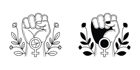 Empowering Feminist Power Raised Fist Icons With Flowers © vectorise