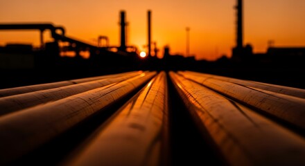 Fototapeta premium Sunset illuminates parallel metal pipes leading to a distant industrial complex silhouette