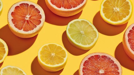 Obraz premium Colorful Citrus Fruits on Bright Yellow Background with Shadows, Sliced Grapefruit, Lemon, Lime, and Orange in Vibrant Arrangement for Freshness Concept
