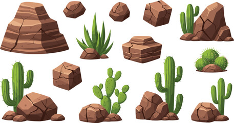 Cartoon Desert Rocks and Cactus Set with Sandstone Cliffs, Succulent Plants, and Stone Elements for Game Assets, Wild West Landscape, and Nature Illustration Design. © MstSuborna