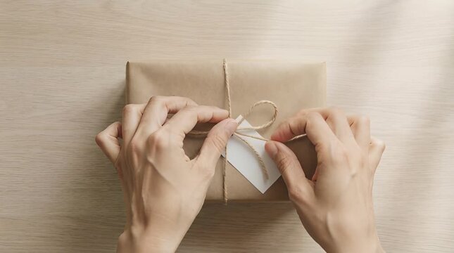 Gift Wrapped in Brown Paper with White Label Tied with Jute String on Wood Surface
