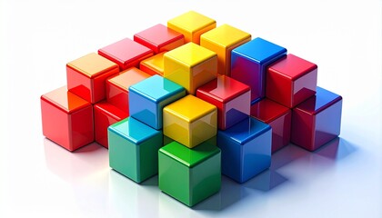 Fototapeta premium Colorful glossy 3D cubes stacked in pyramid formation on white background, vibrant abstract geometric render.