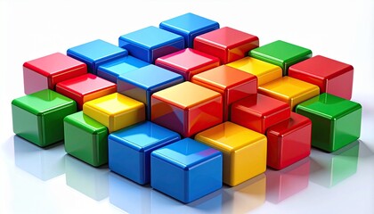 Fototapeta premium Colorful glossy 3D cubes stacked in pyramid formation on white background, vibrant abstract geometric render.
