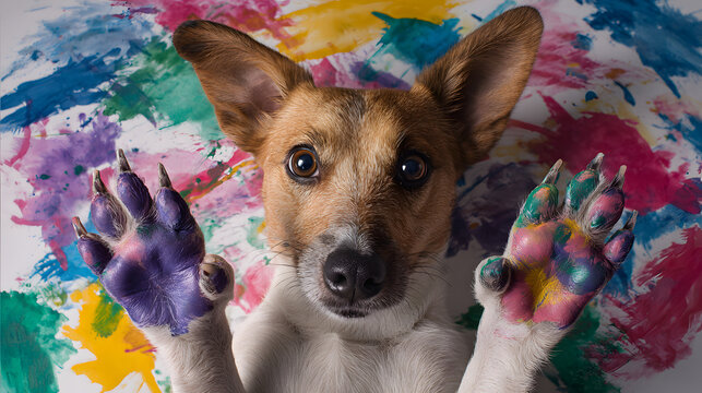 un perro travieso levantando sus patas manchadas de pintura sobre el piso manchado de pintura colorida acrilica jugueton y feliz 