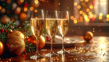Three champagne flutes on a wooden surface with Christmas ornaments and bokeh lights in the background. Festive celebration