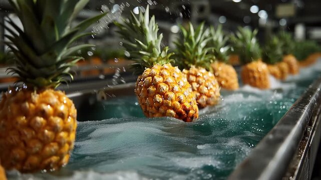 Pineapples go through automatic brushing and washing process in food processing facility