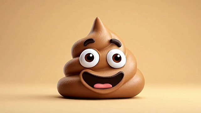 A cheerful 3D rendered brown poop emoji with big eyes and a wide smile on a light brown background.