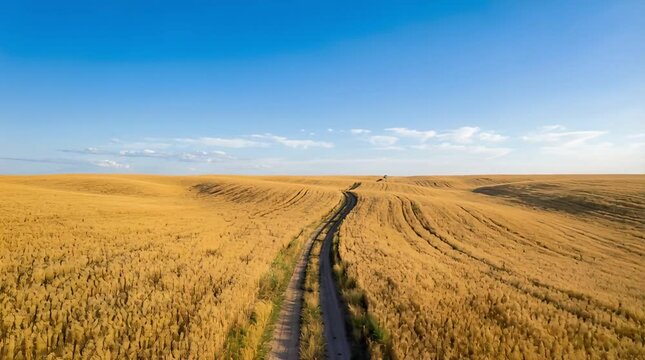 Golden Wheat Field with Path Under Clear Blue Sky at Daytime, Landscape View of Agriculture Field