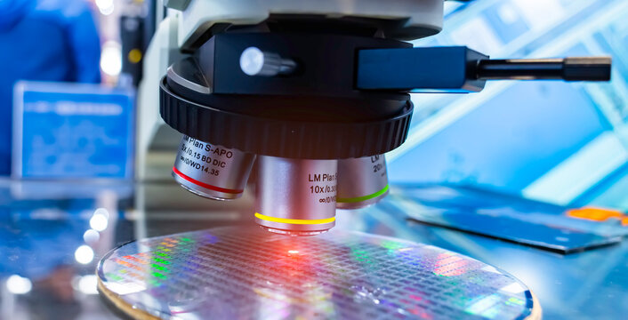 Silicone wafer under the microscope,integrated circuits to manufacture CPU and GPU