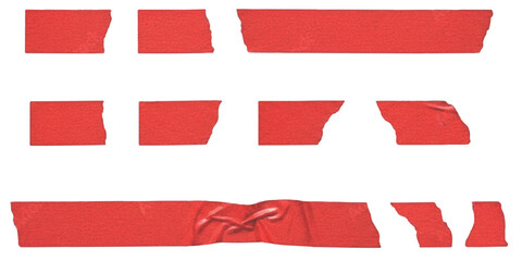 Various pieces of red tape with torn edges arranged in three rows on a white background © md