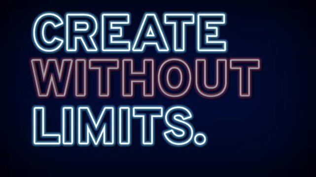Neon light sign with the text Create Without Limits on dark blue background