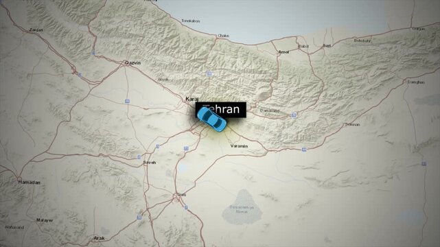 Animated Map Route from Tehran to Tabriz Iran with Car Icon on World Map