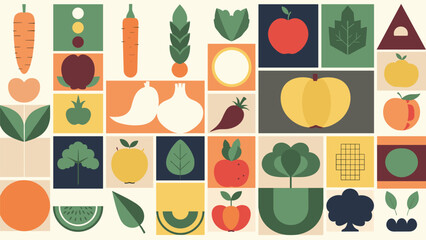 Minimalist geometric icons of various fruits and vegetables in a colorful grid design promote healthy eating and nutrition concepts.