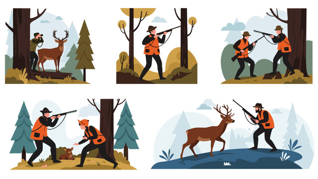 Collection of hunters in various hunting scenarios tracking and aiming at deer in a forest during the autumn season.