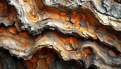 Close-up view of textured tree bark, featuring vibrant orange, gray, and brown hues. Intricate patterns and organic forms create a rich visual experience