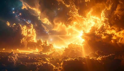 A luminous, ethereal vista of golden clouds, beams of light bursting forth, revealing starlit skies