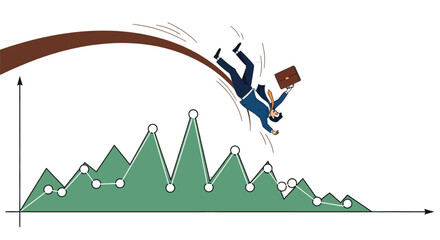 businessman falling off downward graph trend line illustration