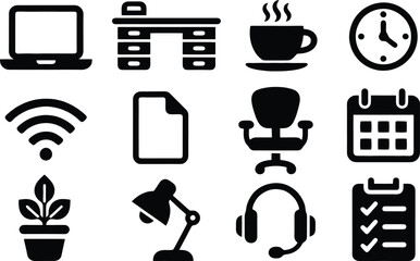 Set of 10 office icons vector, black on white background