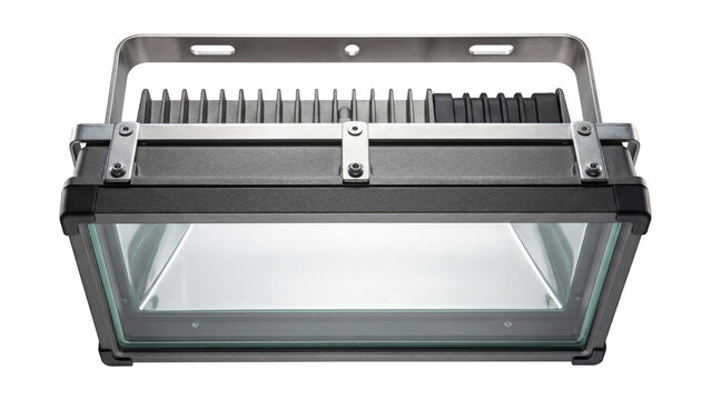Heavy-duty metal halide floodlight with heat-resistant glass.