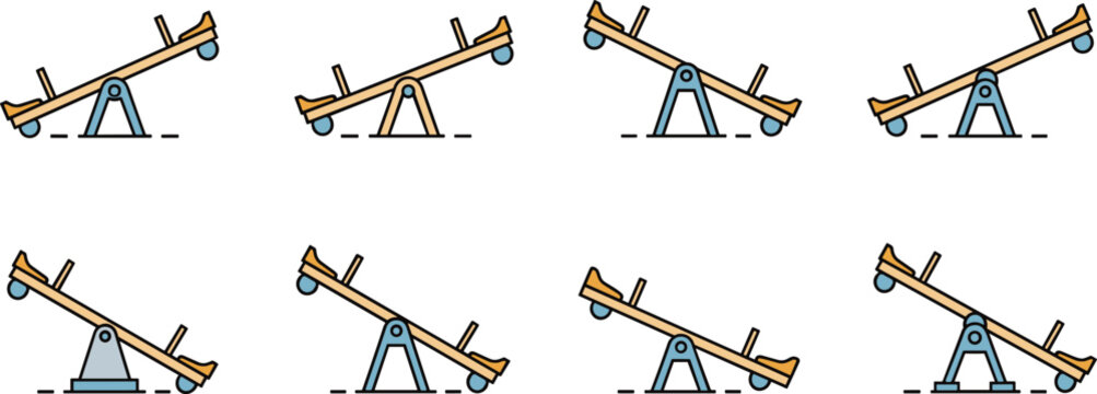Seesaw balance comparison icon set with uneven weight distribution leverage concept minimal outline vector illustration collection.