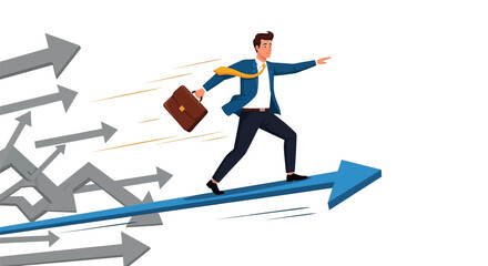 Businessman confidently leading the way on a rising blue arrow