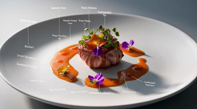 Masterfully plated gourmet dish featuring tender meat, vibrant orange sauce, and delicate edible flowers, embodying modern culinary art and fine dining excellence