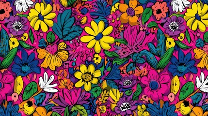 Colorful floral design showcasing a variety of flowers and leaves in shades of pink, yellow, blue, and purple, creating a cheerful and lively atmosphere.