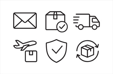A set of simple black line icons representing logistics delivery and shipping