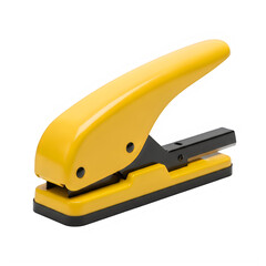 A bright yellow lever-style office hole punch ready for use on paper documents isolated on transparent background
