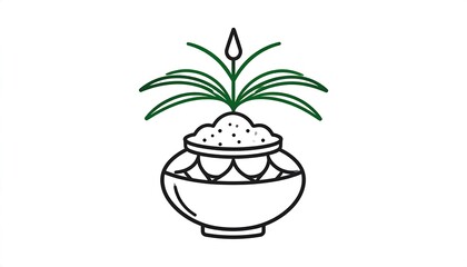 Simple illustration depicts a pot filled with dirt, featuring a sprouting plant with long leaves. It is a drawing with outline details