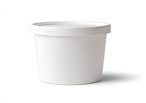 A plain white, round plastic container with a matching lid, casting a shadow on a white surface