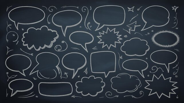 Collection of white chalk speech bubbles on dark blue background for creative expression and communication