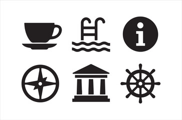 A collection of simple black icons representing travel information and leisure