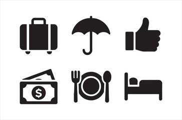 Travel essentials suitcase umbrella approval money food and lodging icons
