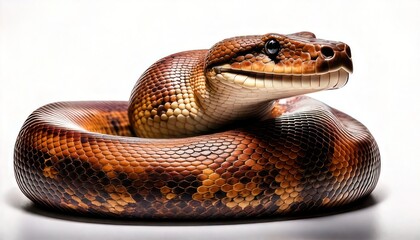 Obraz premium Captivating Portrait of a Curled Brown Anaconda Snake on White Background.