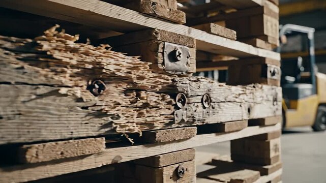 Macro extreme close up of old damaged wooden pallet with cracks and wood splinters