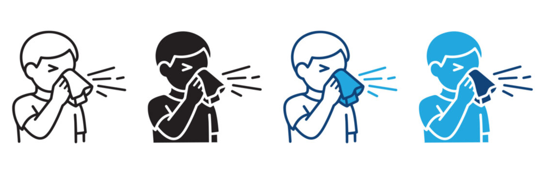 Person sneezing icon set. Person sneezing with droplets, indicating a cold or allergic reaction isolated on white background. Vector illustration.