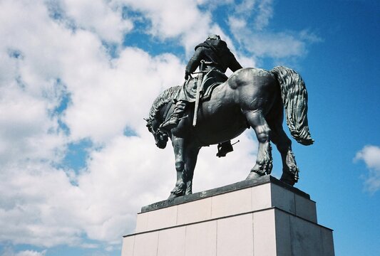 Equestrian statue of Jan Zizka at Vitkov Hill in Prague, analog photography