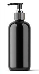 Fototapeta premium Sleek black dispenser with silver pump, glossy finish, isolated on white background