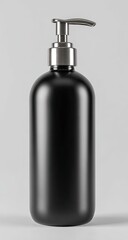 Fototapeta premium Sleek black dispenser with silver pump, centered on a light gray background, lit softly