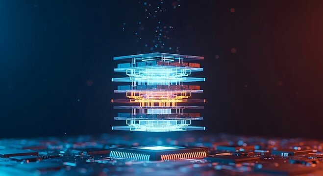 Futuristic glowing cube data processor on a circuit board.