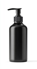 Black plastic dispenser bottle with pump head, isolated on white background