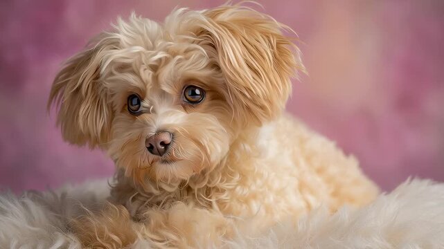 Cute Maltipoo puppy lying on soft blanket with pink background, close up studio pet portrait with gentle expression